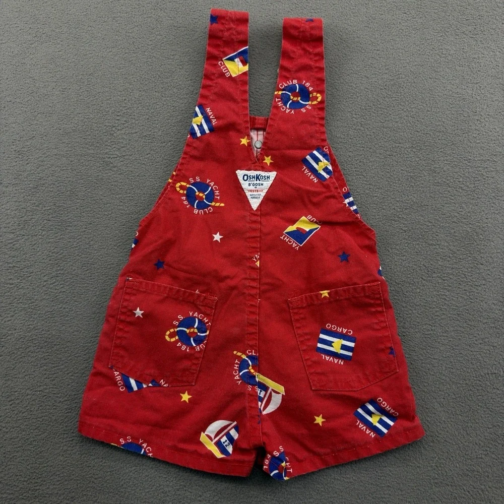 Vtg OshKosh Vestbak Shorts Overalls Shortalls SZ 2T Red Nautical Navy Yacht Club